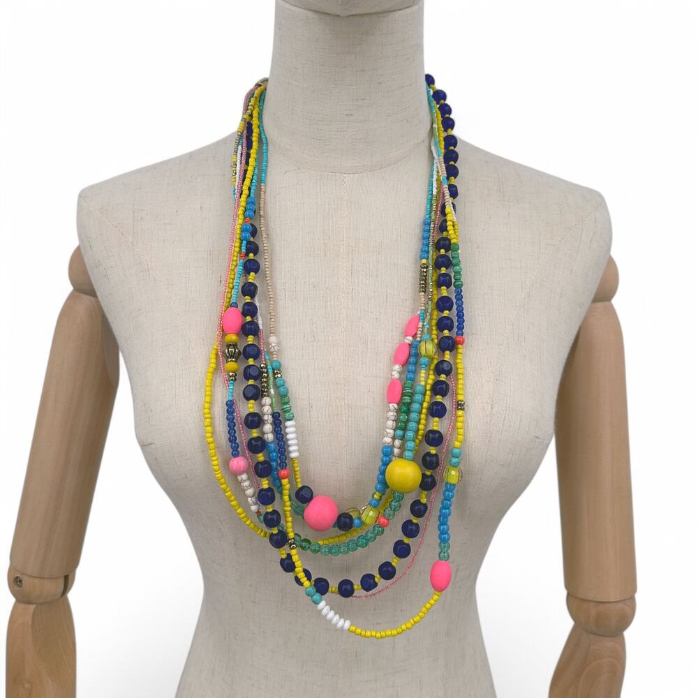 Vineyard Vines Colorful Layered Boho Statement Necklace Multi Strand Wood Pompom